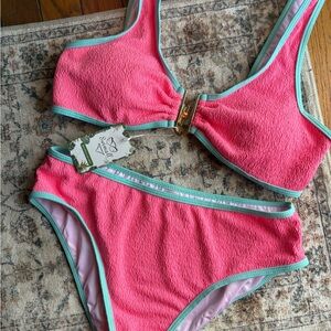 Swimall Medium Women’s Swim Bikini NEW Hot Pink Textured with Aqua Trim